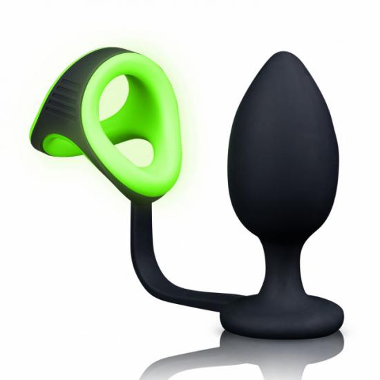 Ouch! Glow in the Dark Butt Plug With Cock Ring &amp; Ball Strap - silikonový anální zámek svítící ve tmě