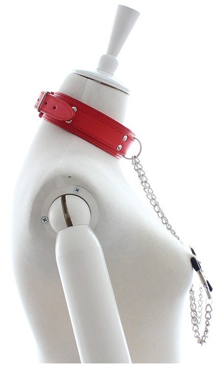 Leather Collar With Nipple Clamps Red