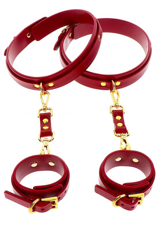 Taboom Wrist to Thigh Cuff Set červená pouta z umělé kůže na stehna a zápěstí Taboom Wrist to Thigh Cuff Set červená pouta z umělé kůže na stehna a zápěstí