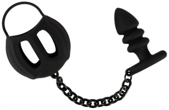 Black Velvets Balls Cage + Butt Plug (Black), návlek na varlata