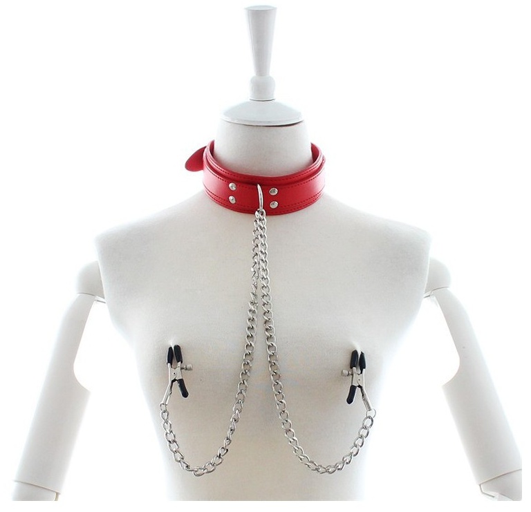 Leather Collar With Nipple Clamps Red