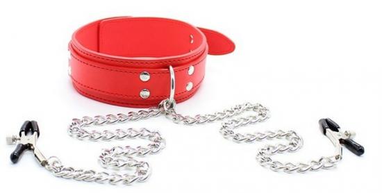 Leather Collar With Nipple Clamps Red