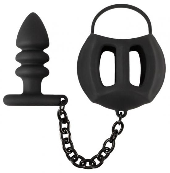 Black Velvets Silikonový erekční kroužek s klecí na varlata s análním kolíkem