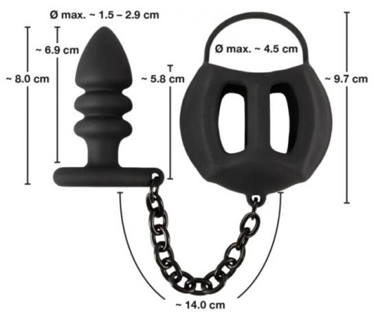 Black Velvets Balls Cage + Butt Plug (Black), návlek na varlata