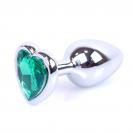 Boss Series Jewellery Silver Heart Plug Green - zelený anální kolík s drahokamem ve tvaru srdce